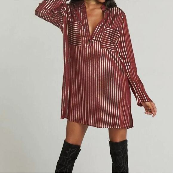 NEW Show Me Your Mumu Maribelle Shirt Dress XS Red Gold Stripe Mini Tunic Flowy - Picture 1 of 10